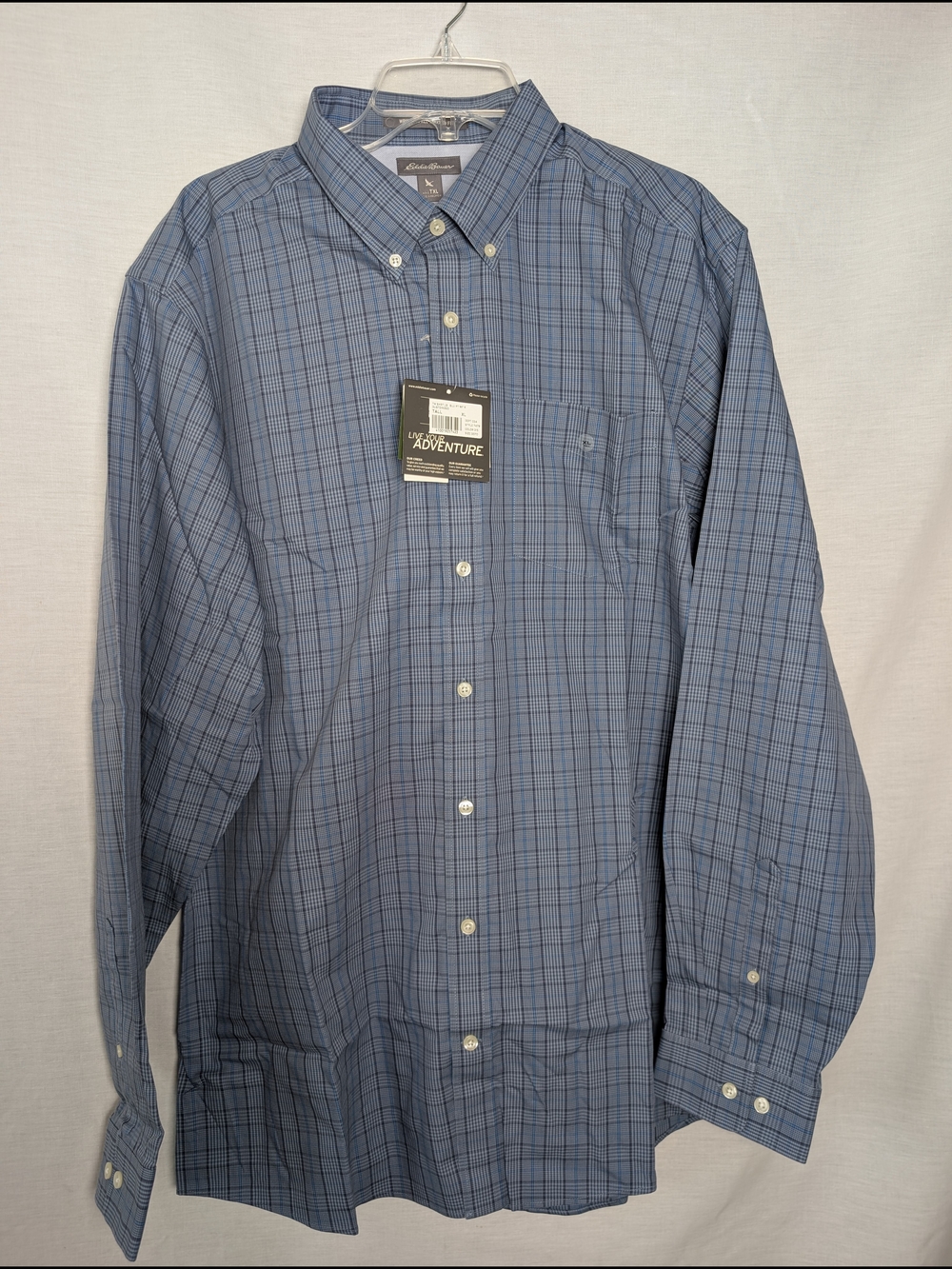 NWT Eddie Bauer Men's TXL Tall Wrinkle-Free Blue Plaid Button Down Shirt